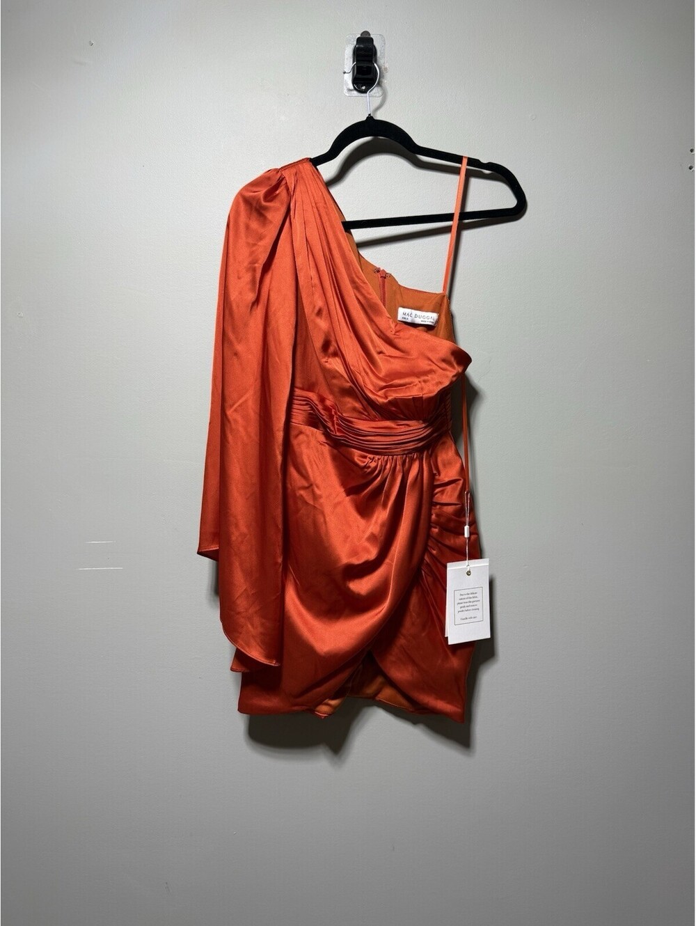 Mac Duggal Satin One Shoulder Draped Sleeve Mini Dress Orange NWT